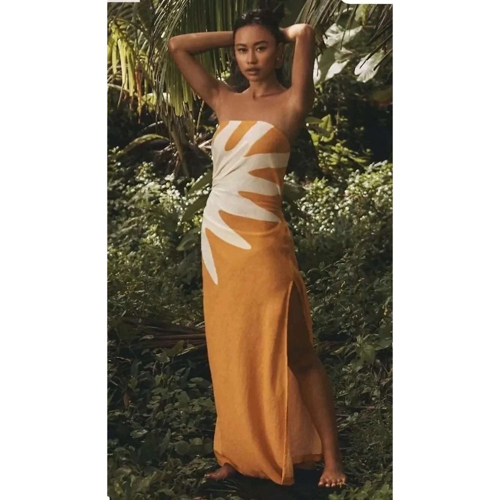 Anthropologie Celandine Linen Blend Graphic Tube Midi Dress Yellow White NWT S